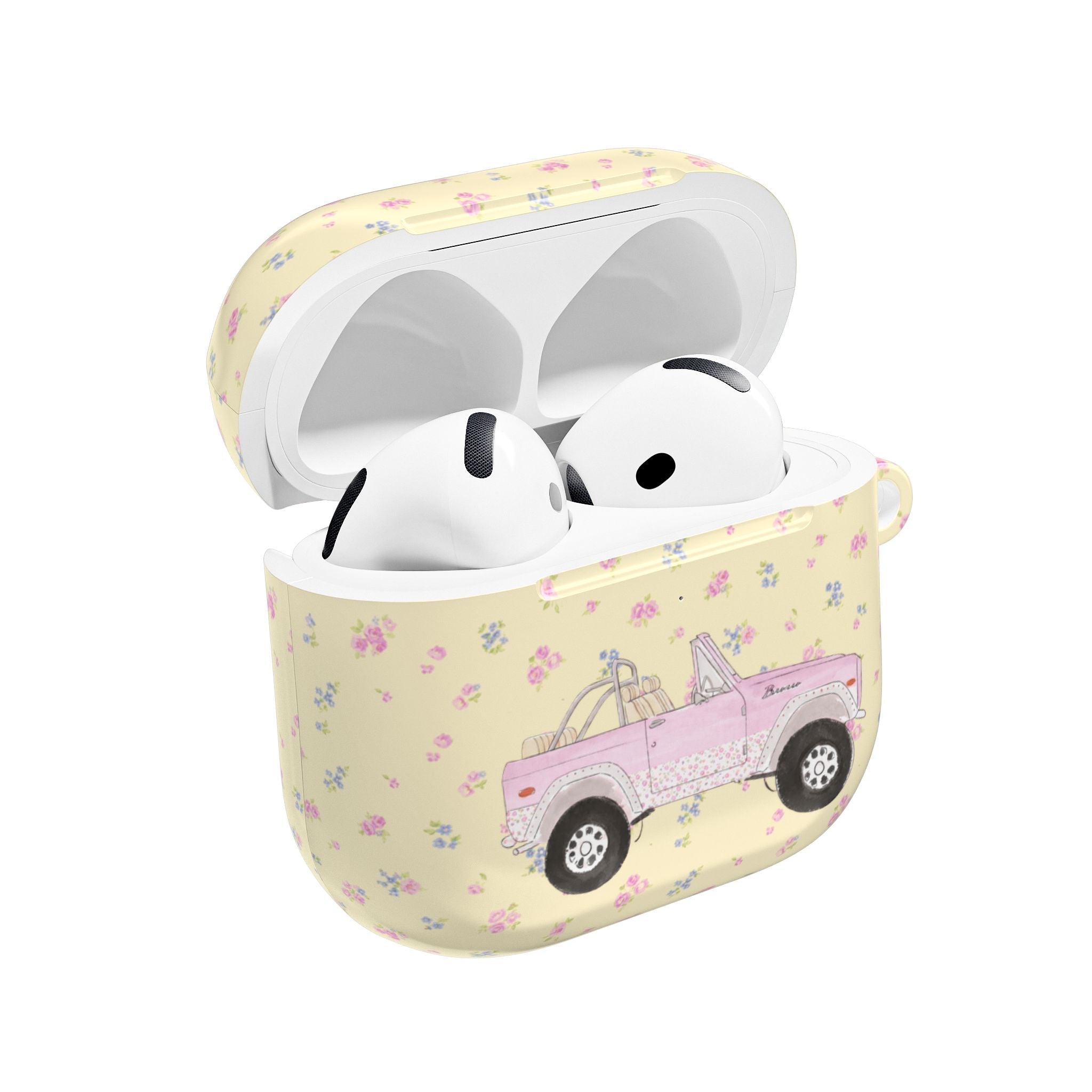 Yellow floral AirPod case with pink pickup truck, open to show earbuds