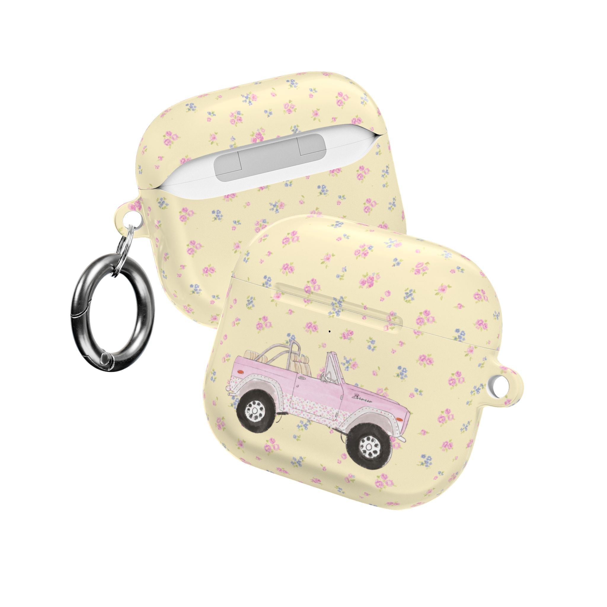 Yellow floral AirPod case with pink pickup truck, with keyring and car icon