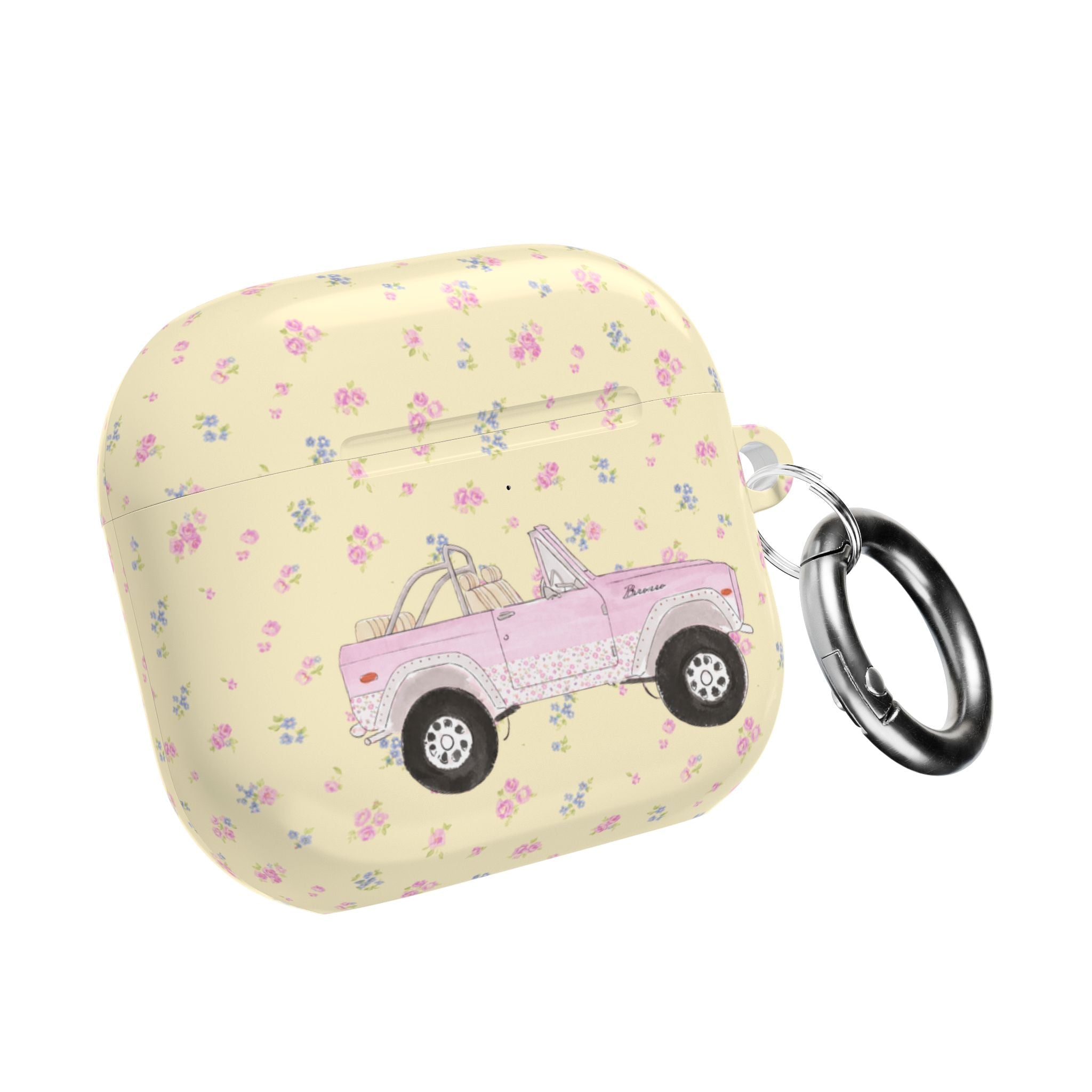 Yellow floral AirPod case with pink pickup truck, side view with metal keyring
