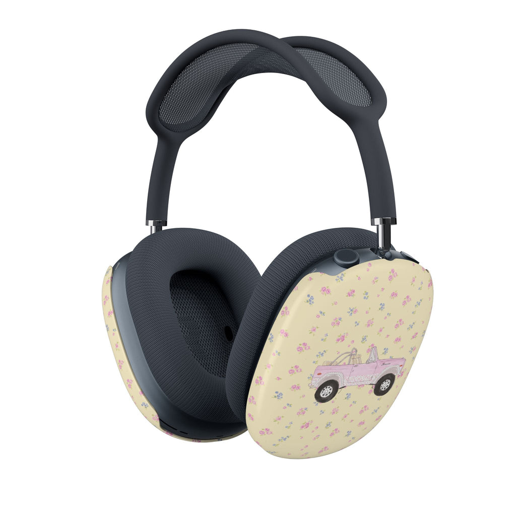 AirPods Max ear cup covers, pale yellow with pink floral and vintage truck print