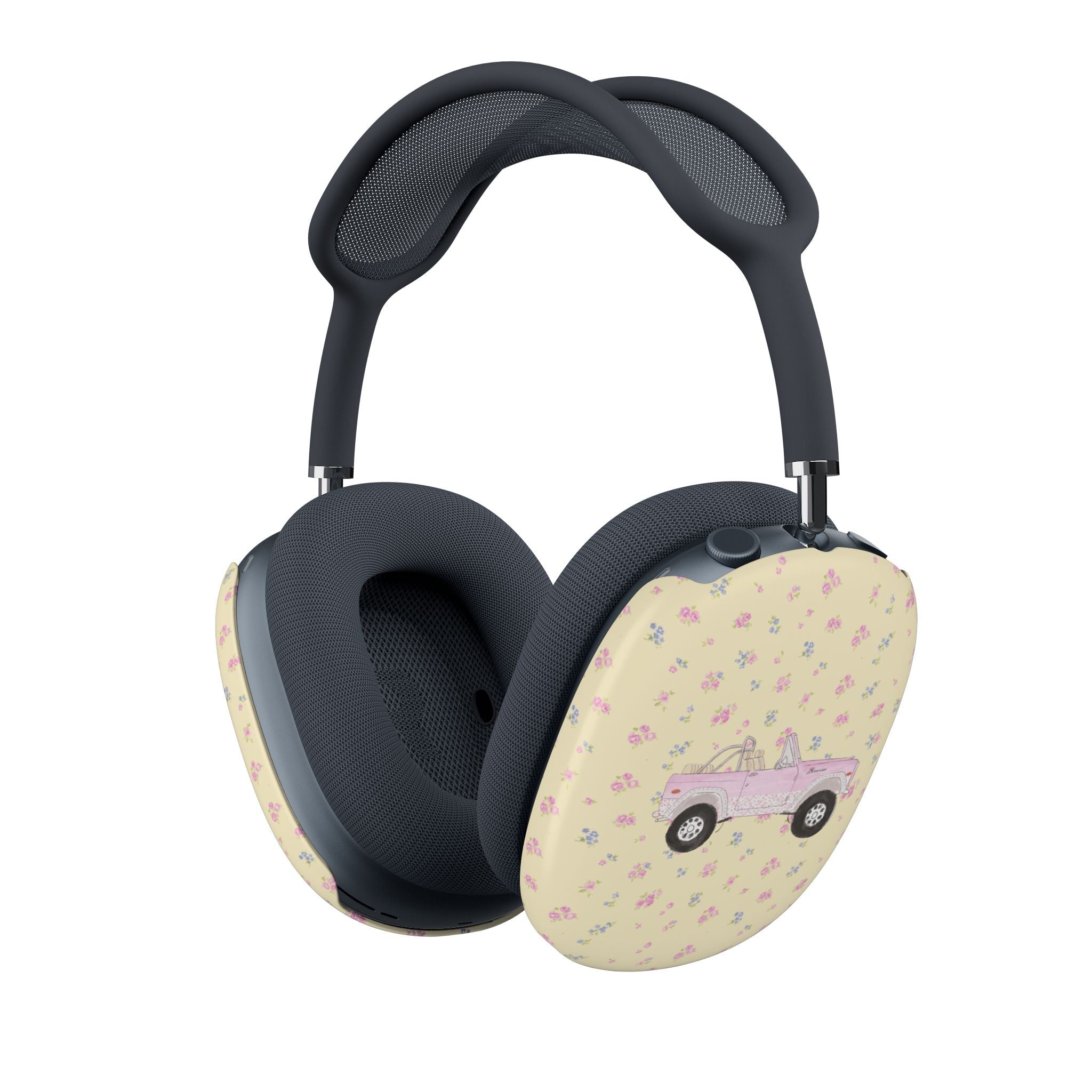 AirPods Max ear cup covers, pale yellow with pink floral and vintage truck print