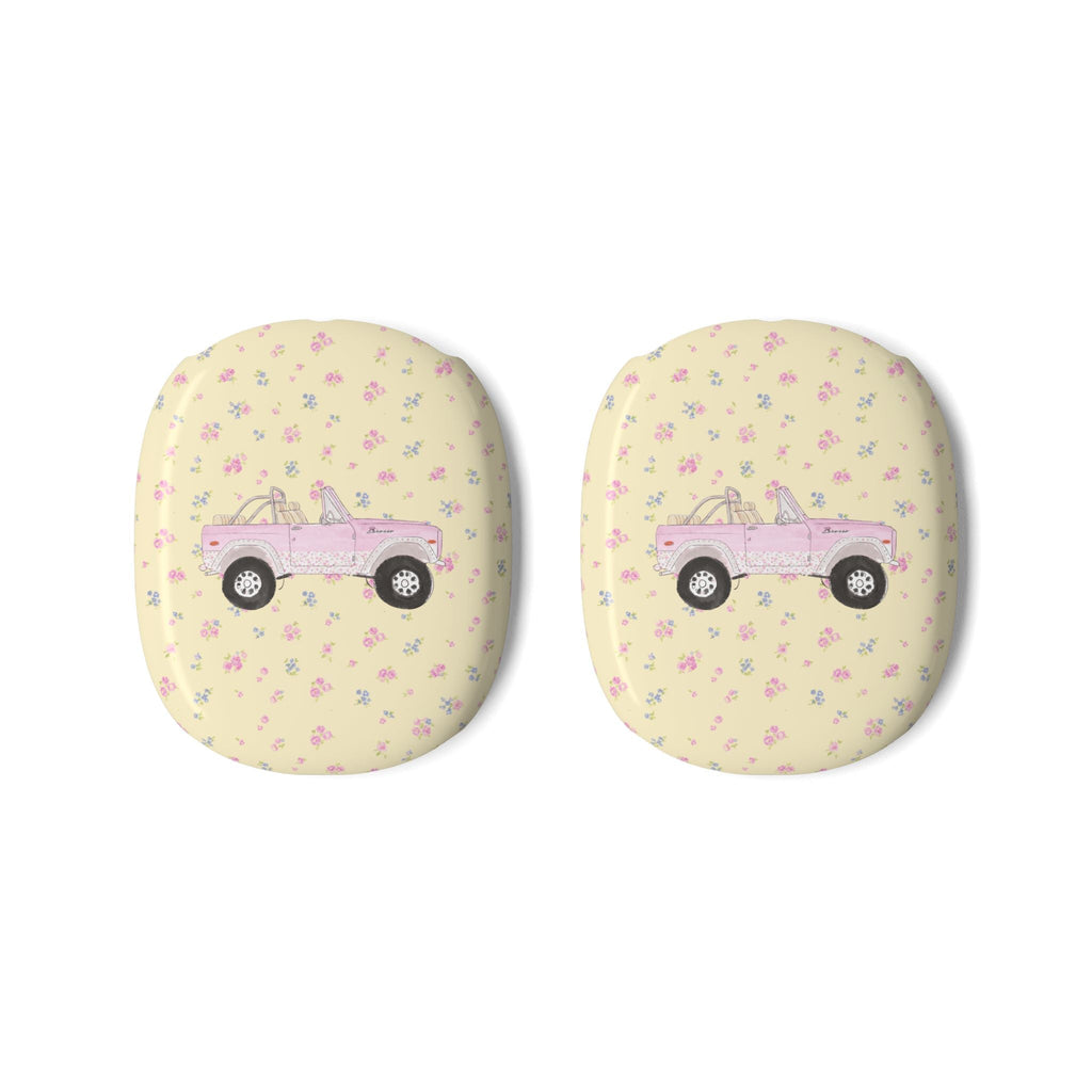 AirPods Max ear cup cover pair, pale yellow with small pink floral truck graphic