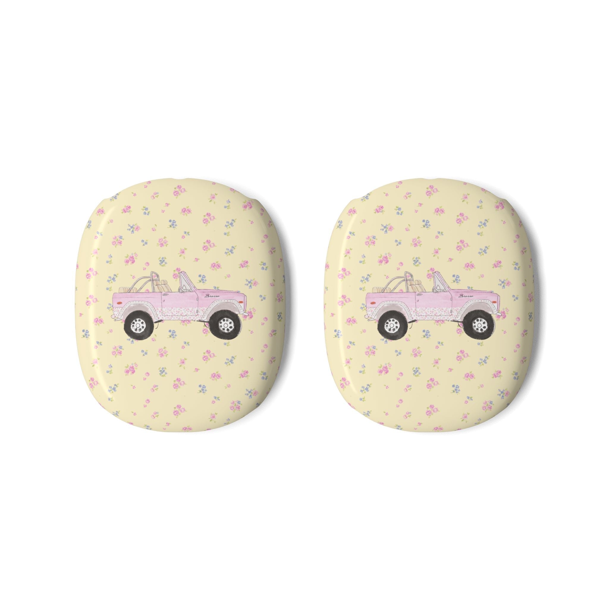 AirPods Max ear cup cover pair, pale yellow with small pink floral truck graphic