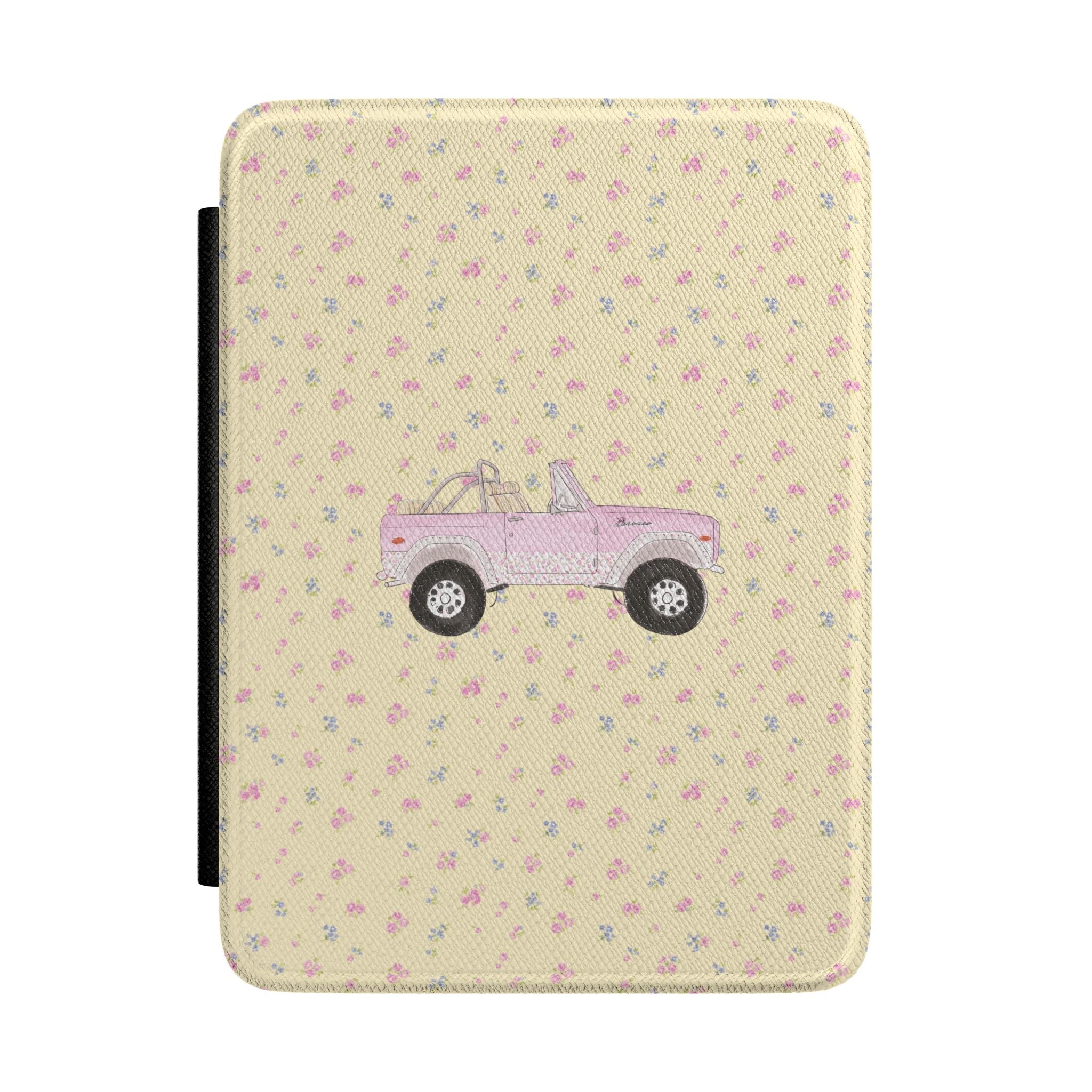 Hardcover e-reader case with beige floral pattern and pink vintage truck graphic
