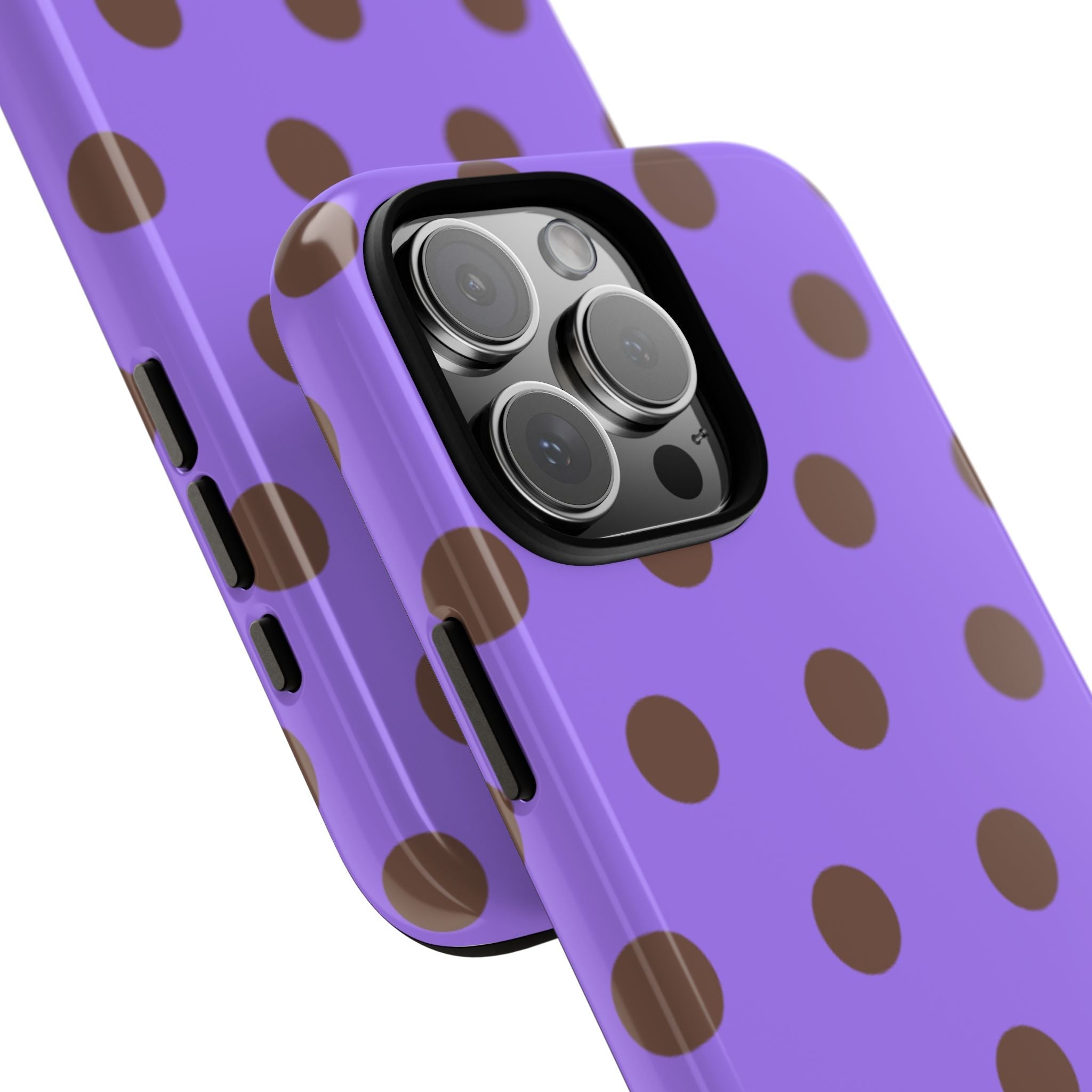 Violet polka dot phone case corner view with brown dots and camera lenses