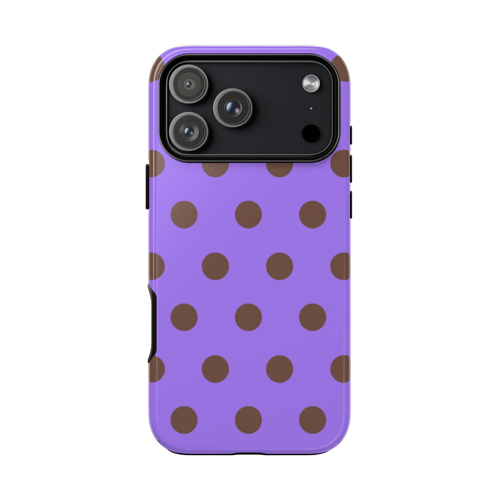 Violet polka dot phone case with camera cutout and raised edges