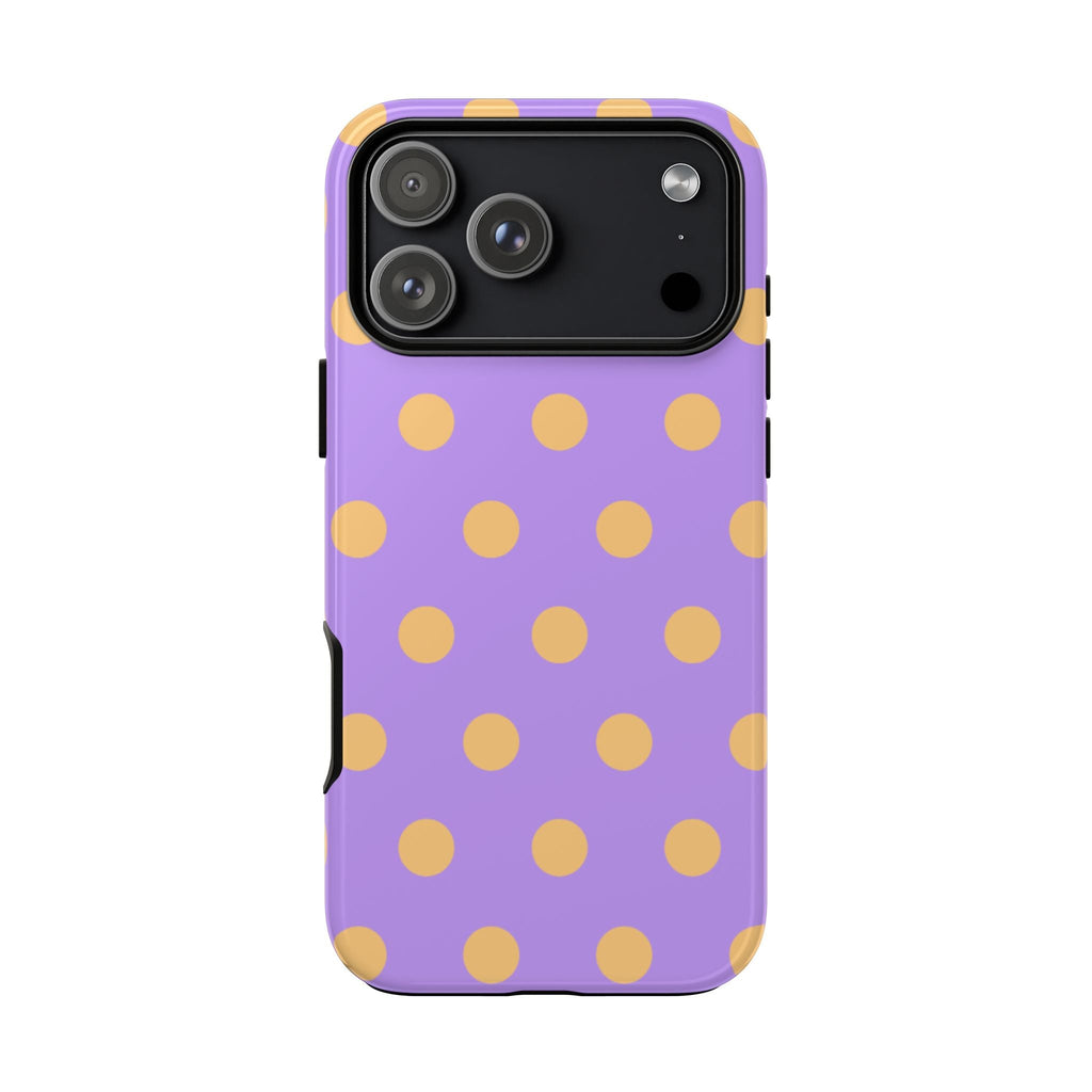 Purple phone case with honey-yellow polka dots and raised camera lens cutout