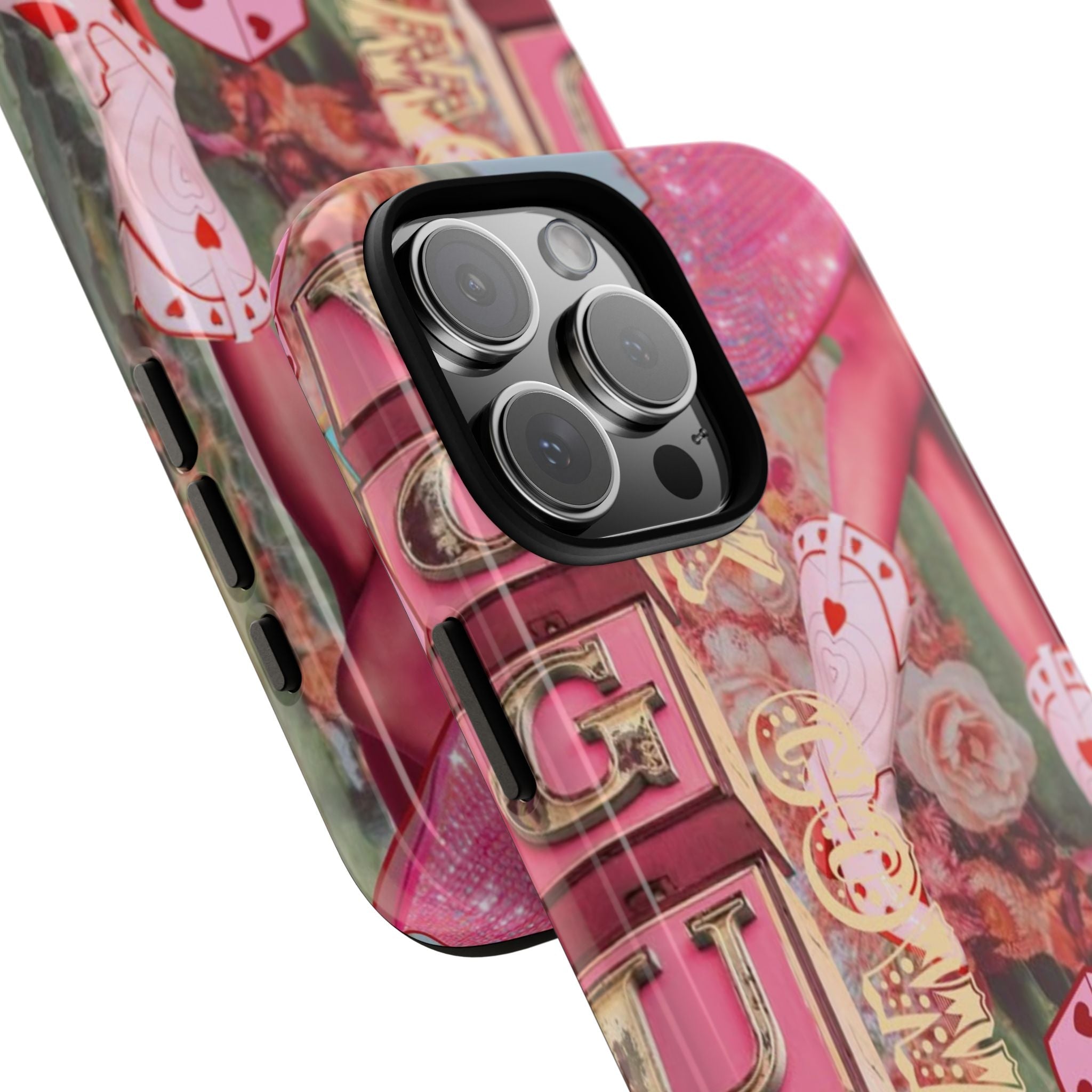 Angled pink cowgirl phone case with boots and hearts; raised camera protection