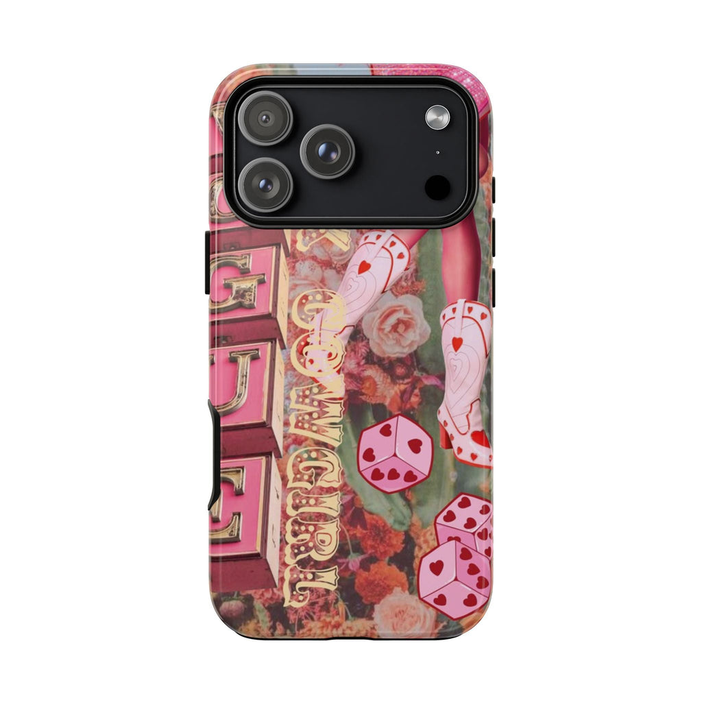 Pink cowgirl phone case with boots, florals, and heart motifs; black camera frames