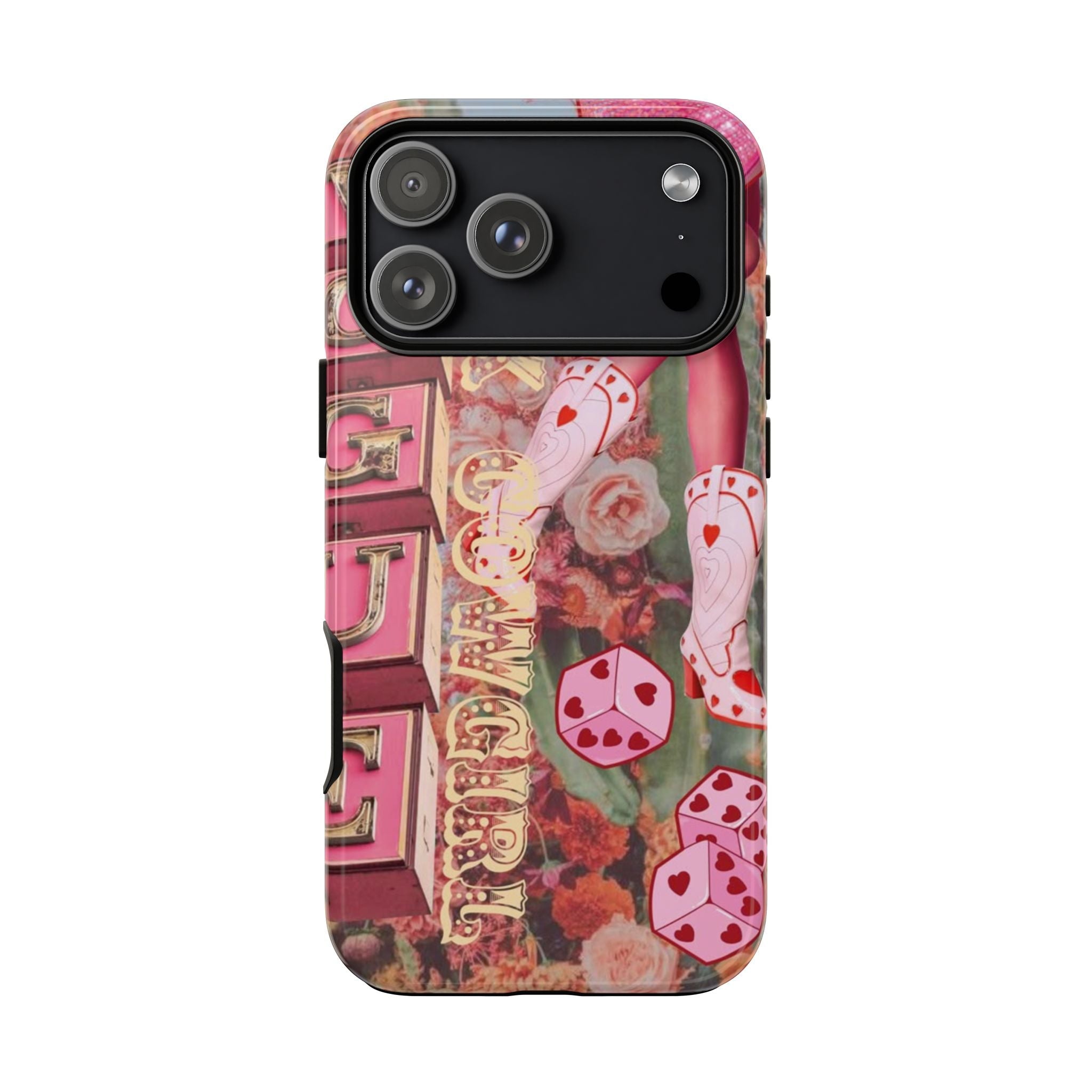 Pink cowgirl phone case with boots, florals, and heart motifs; black camera frames