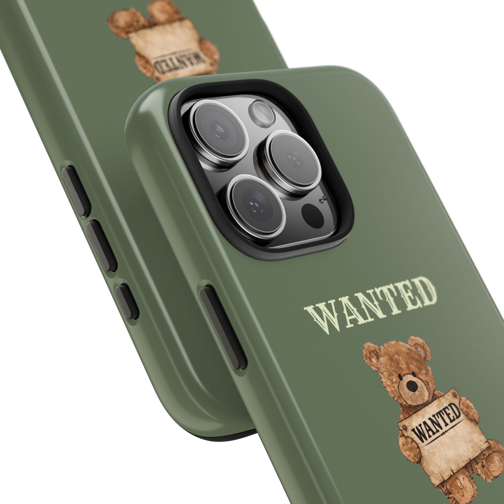 Olive green phone case corner detail showing “WANTED” teddy bear under “WANTED”
