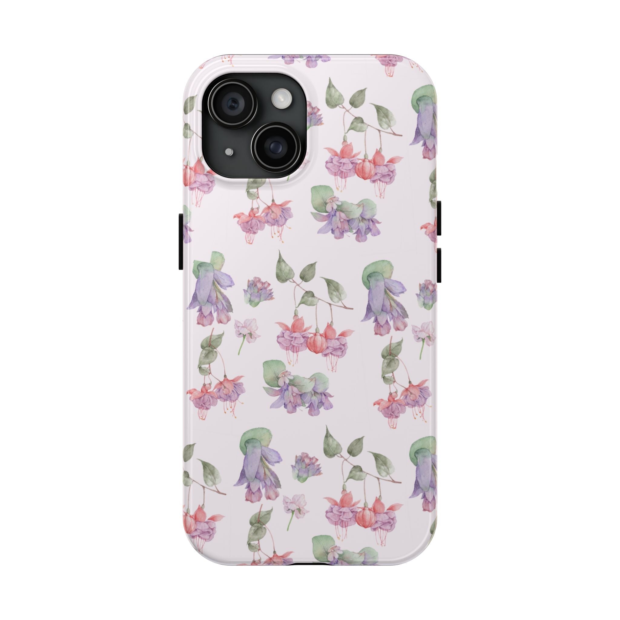 Watercolor floral phone case with pastel blossoms and leaves, slim clear edge