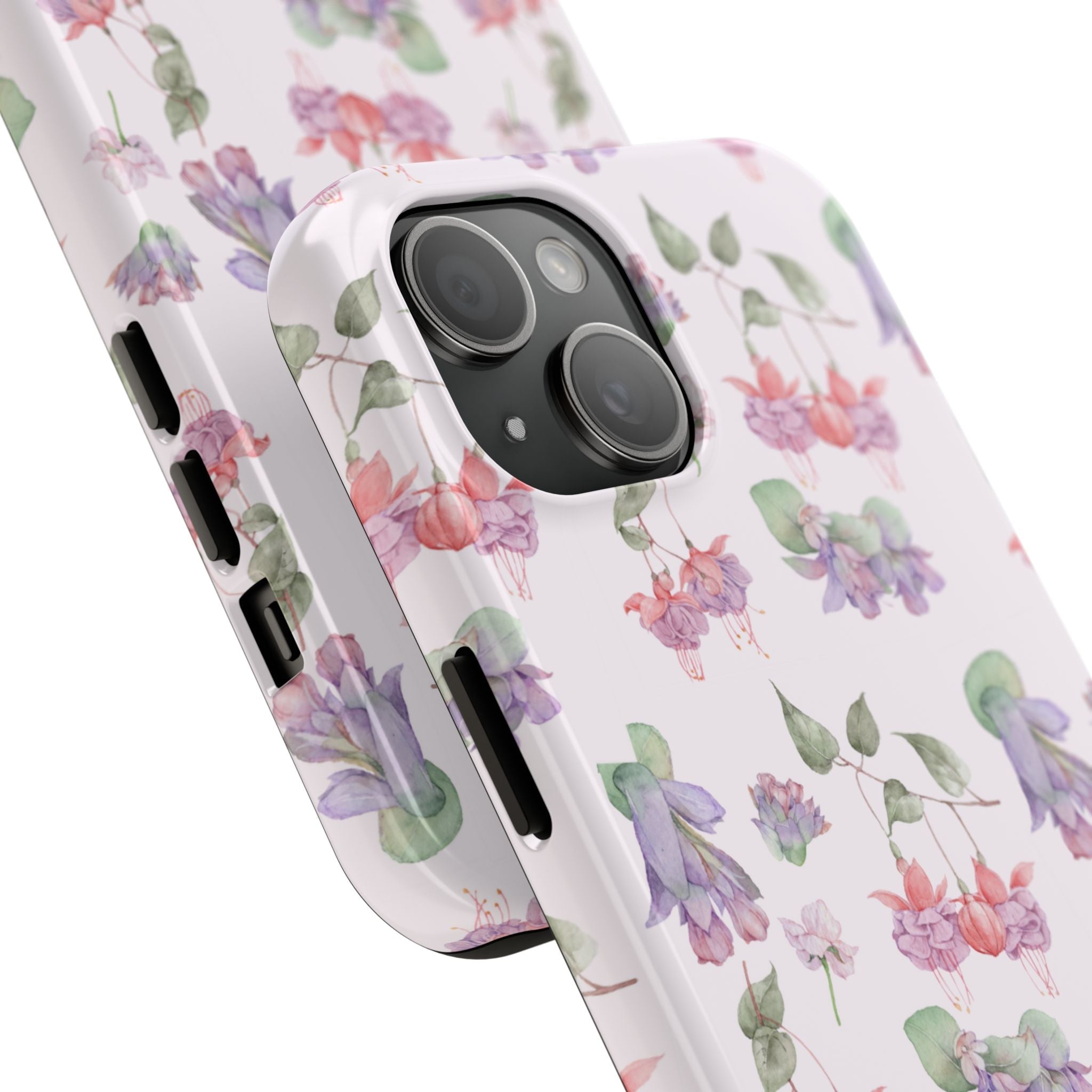 Pastel watercolor floral phone case showing camera cutout and side button openings