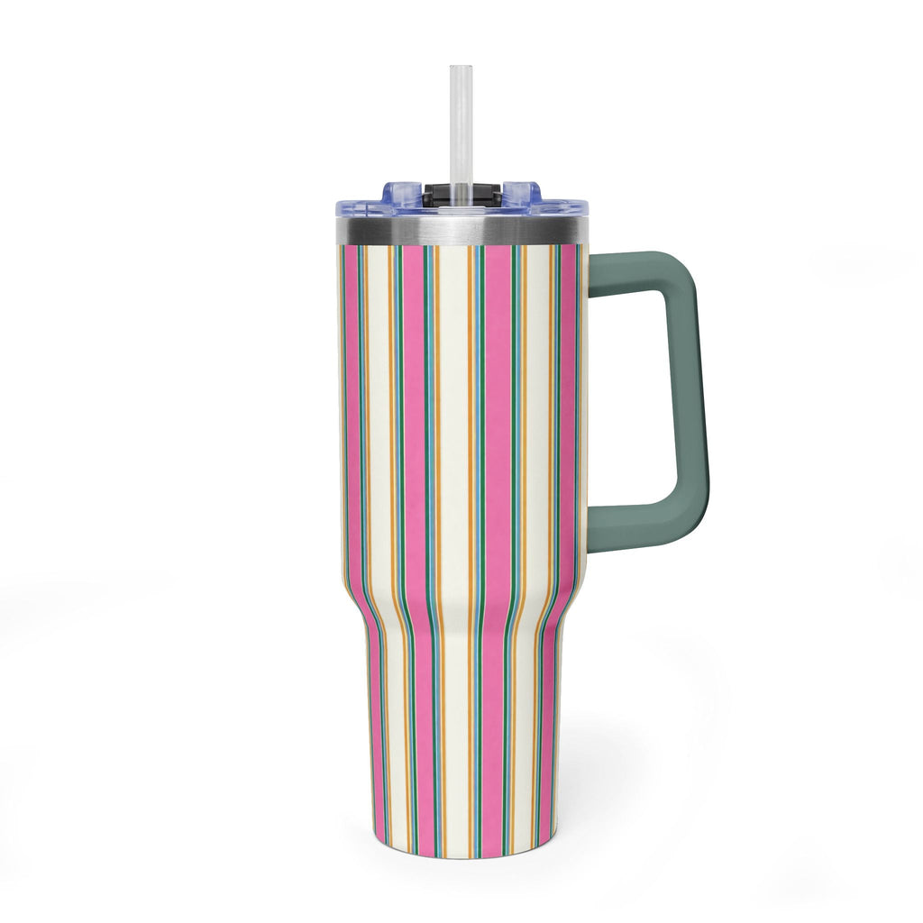 40oz stainless steel tumbler, vertical candy stripes, clear lid with straw