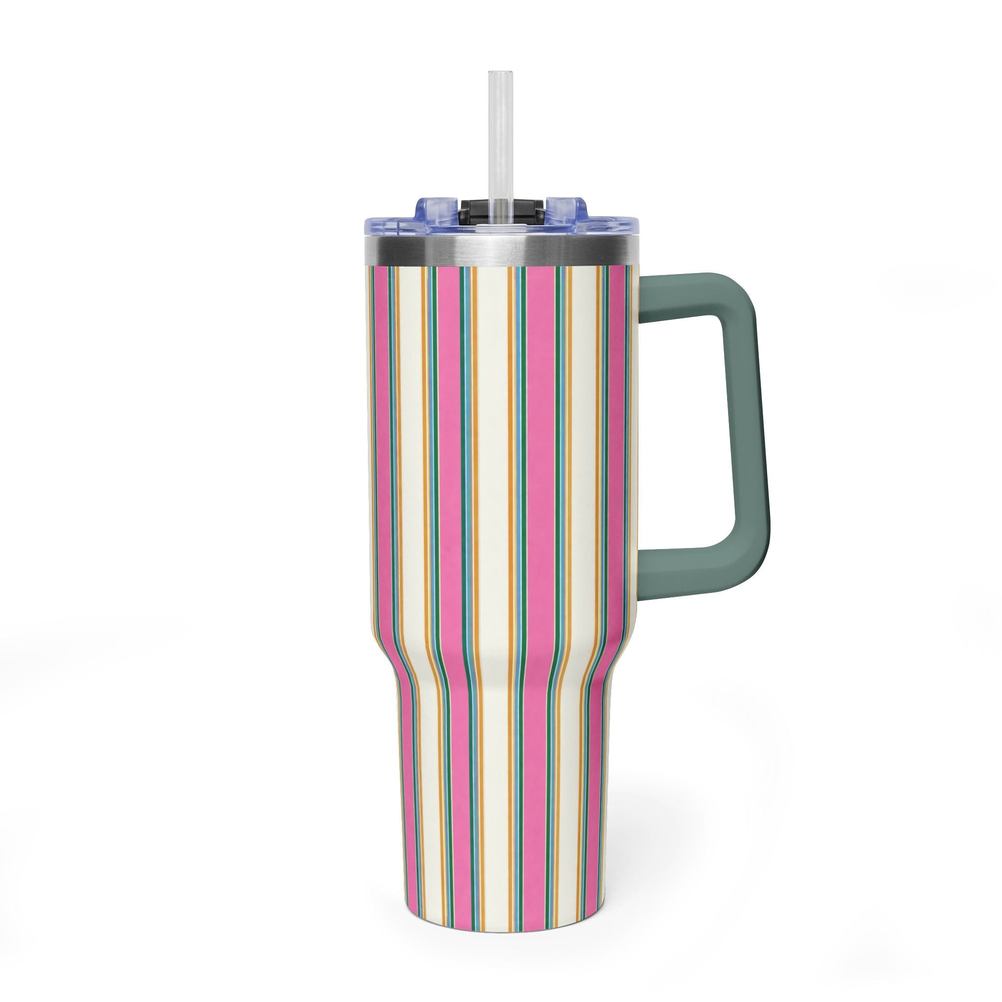 40oz stainless steel tumbler, vertical candy stripes, clear lid with straw