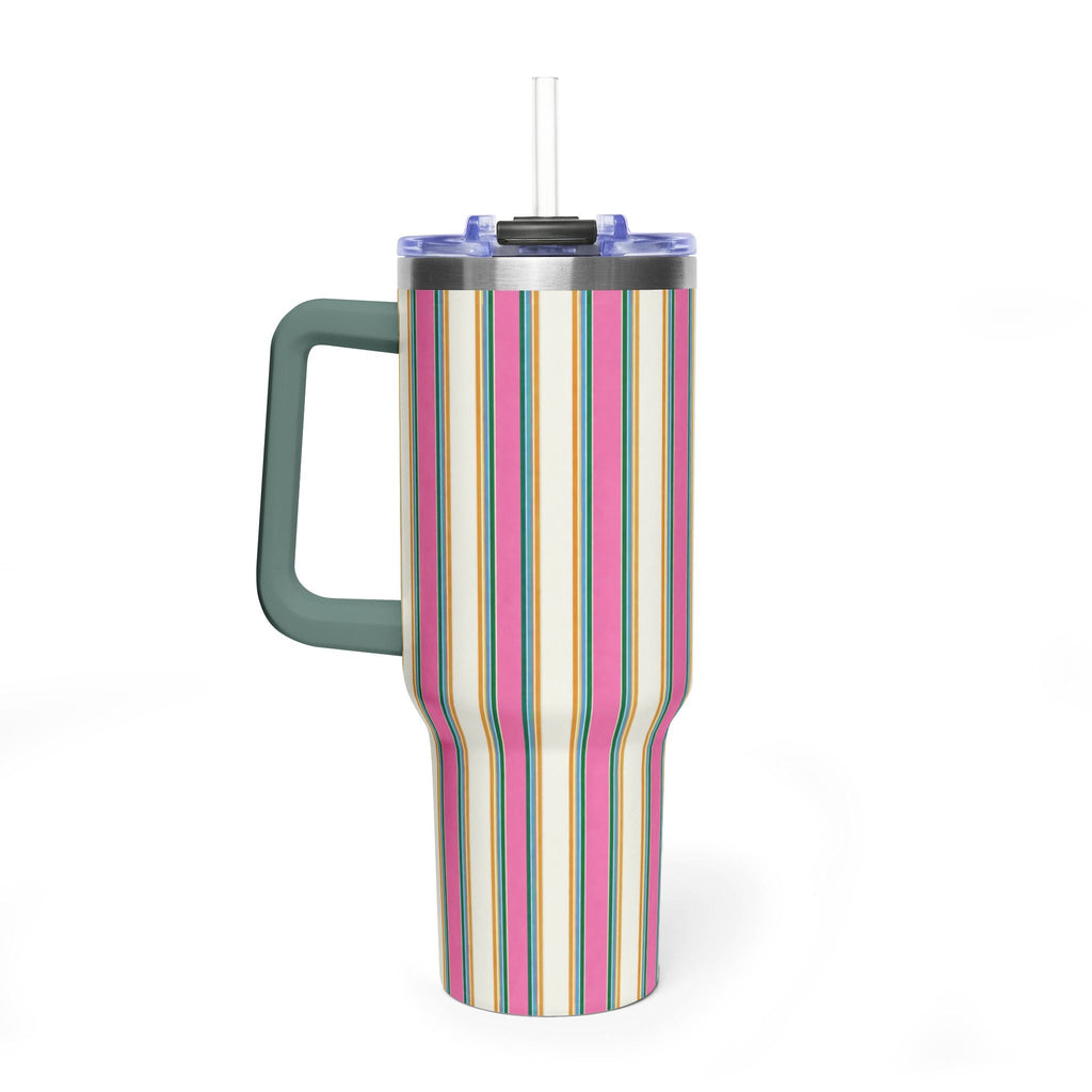40oz stainless steel tumbler with rainbow vertical stripes and dark green handle