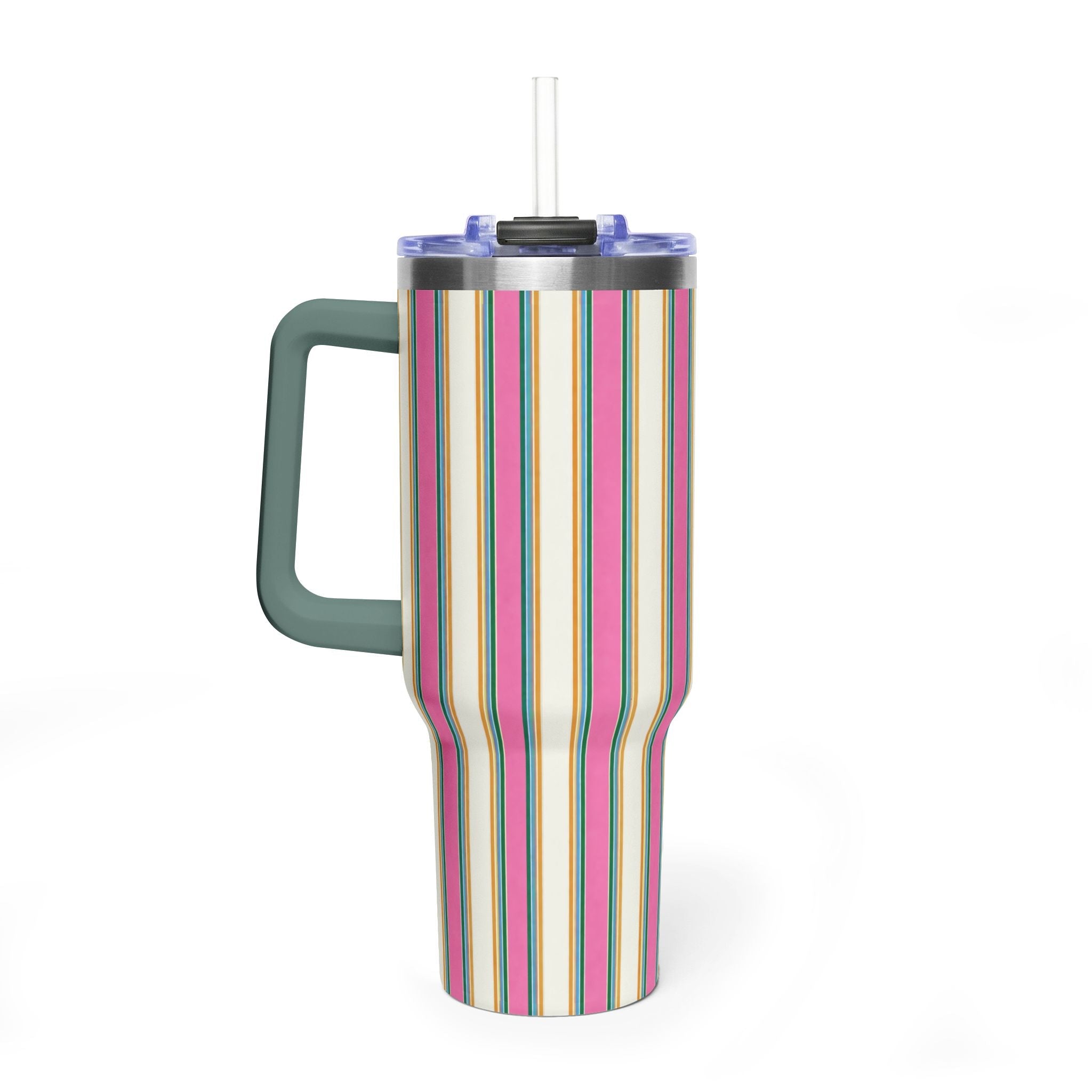 40oz stainless steel tumbler with rainbow vertical stripes and dark green handle