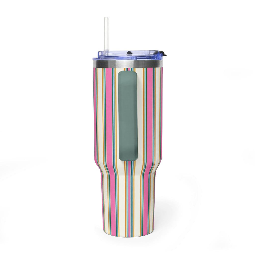 40oz stainless steel tumbler with vertical striped wrap and dark green side handle
