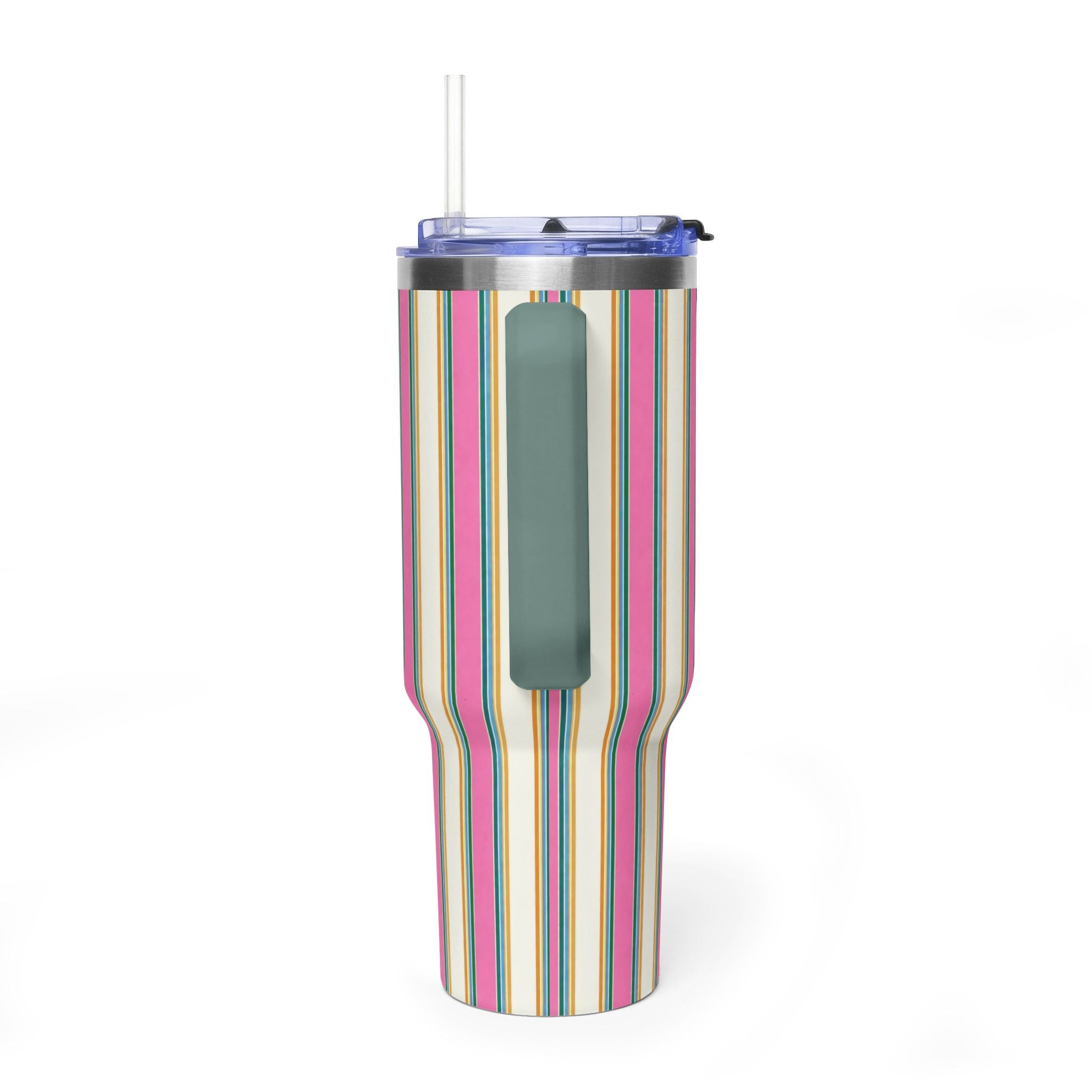40oz stainless steel tumbler with vertical striped wrap and dark green side handle