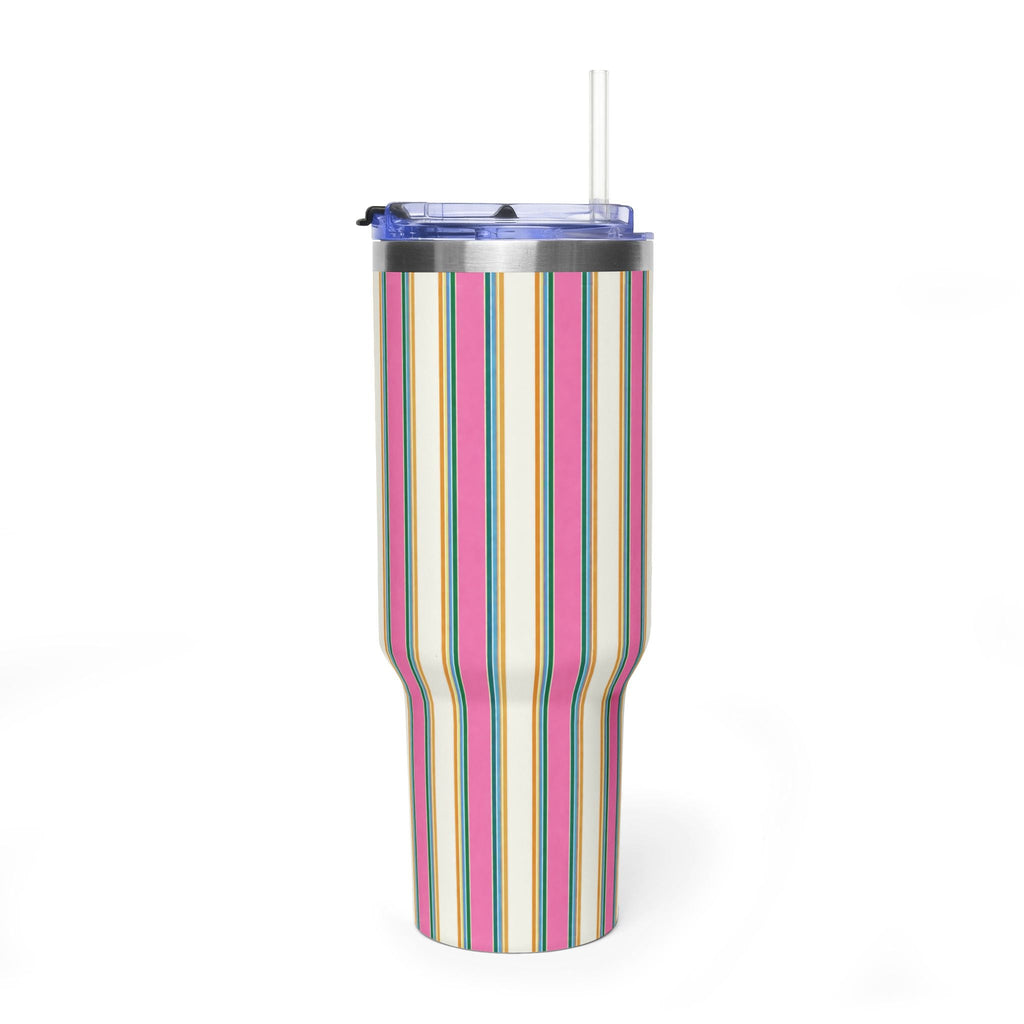 40oz stainless steel tumbler, vertical candy stripes, clear lid and straw