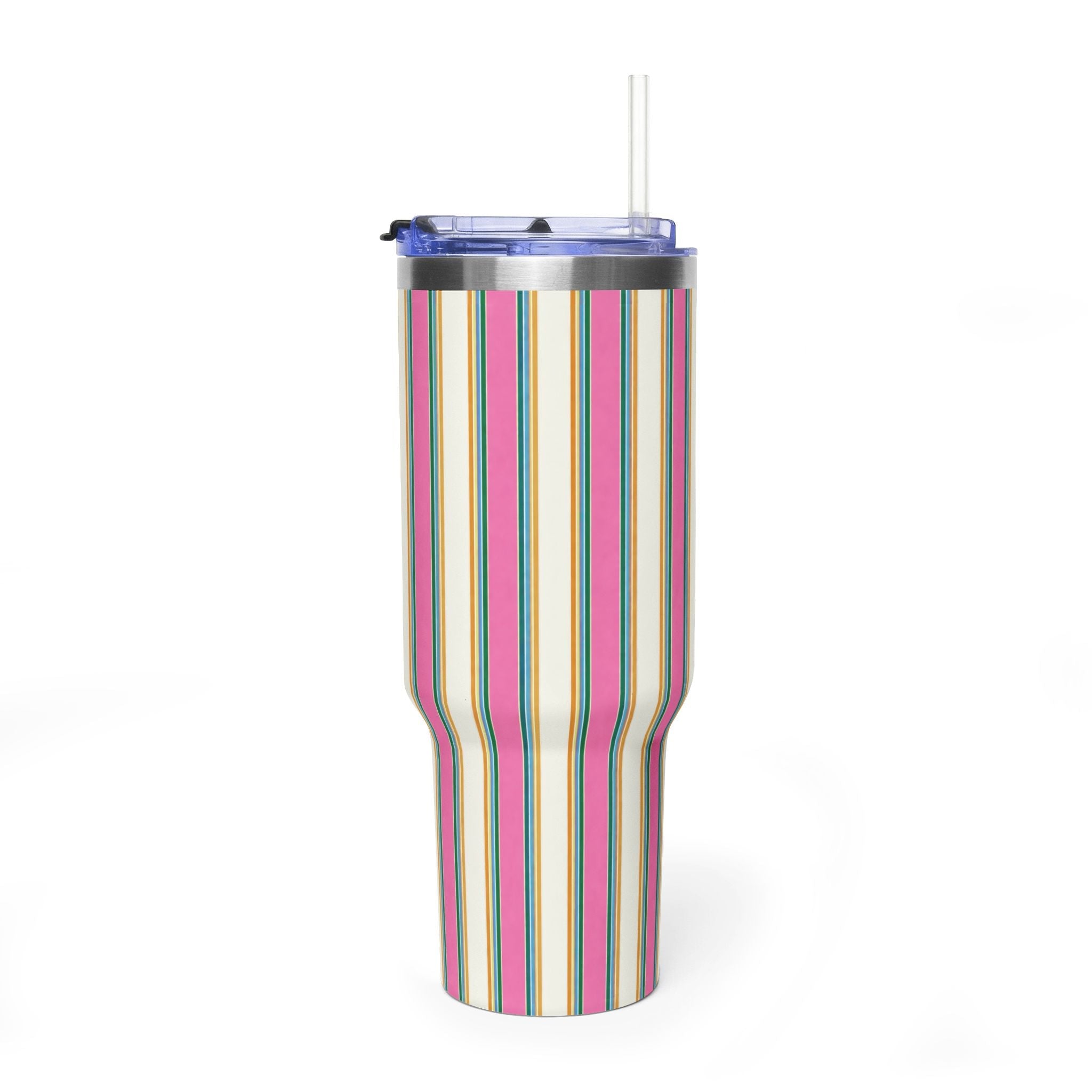 40oz stainless steel tumbler, vertical candy stripes, clear lid and straw