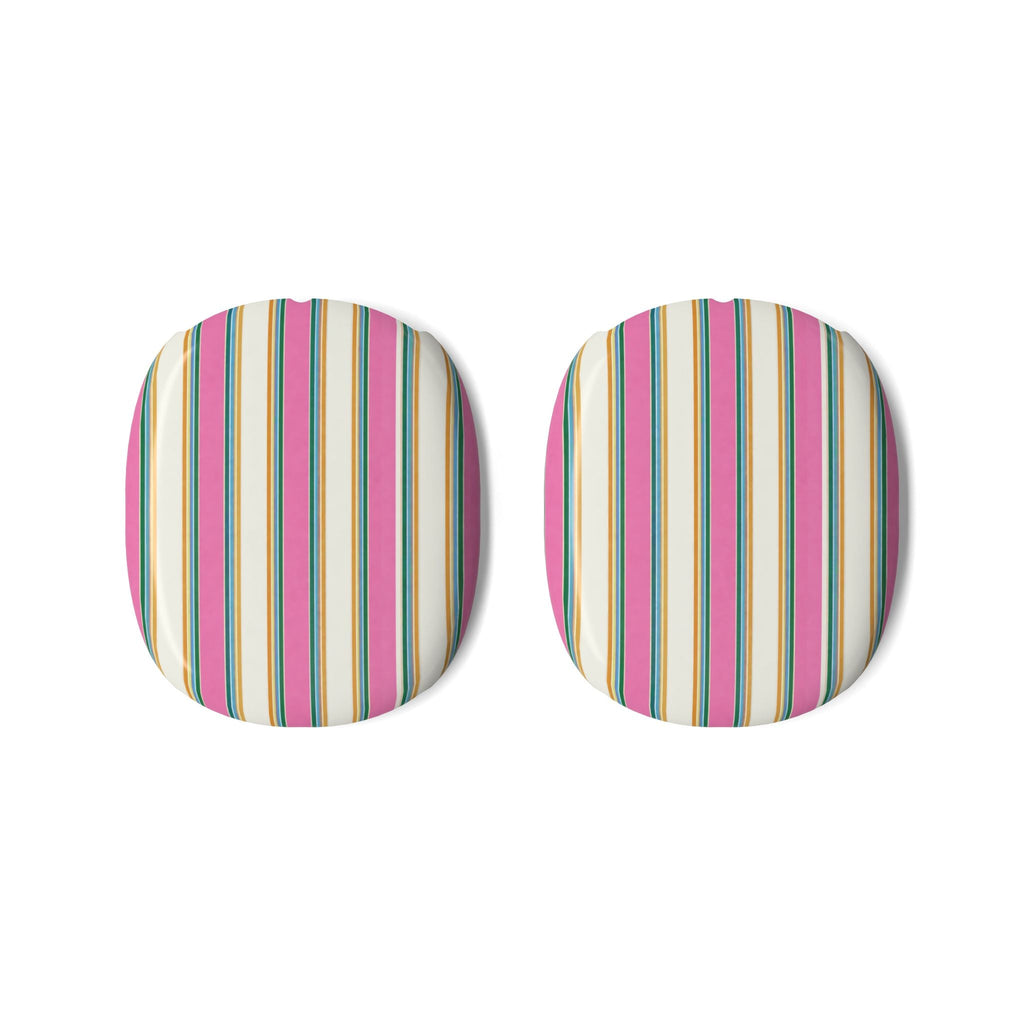 Two striped AirPods Max ear pad covers with multicolor vertical candy stripes