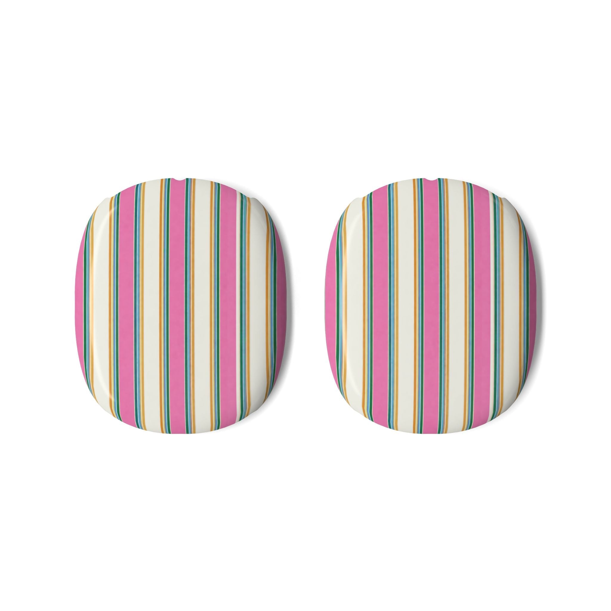 Two striped AirPods Max ear pad covers with multicolor vertical candy stripes