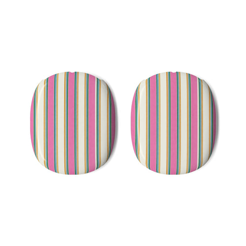 Two striped AirPods Max ear pad covers with multicolor vertical candy stripes