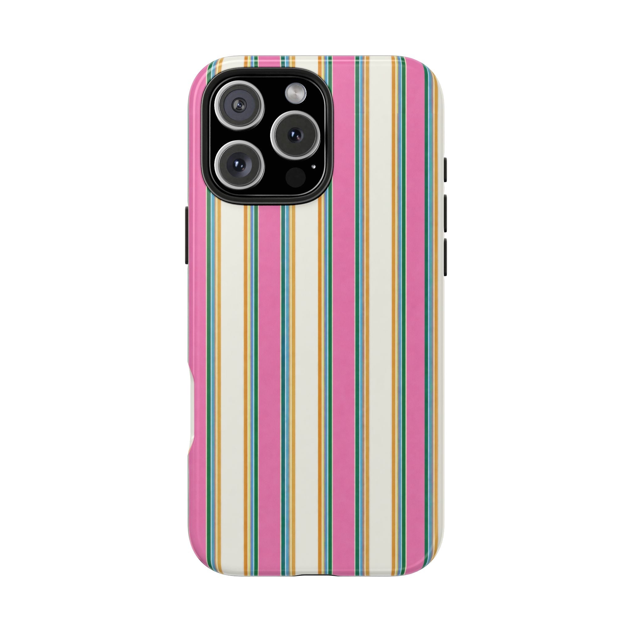 Vertical candy-striped phone case in pink, cream, and gold tones with camera lens cutouts