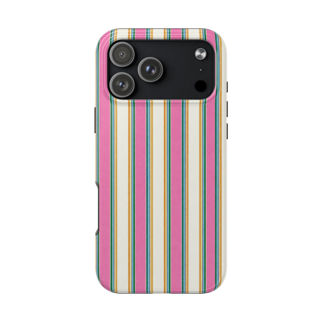 Watermelon sugar striped phone case with vertical candy-colored stripes and camera cutout