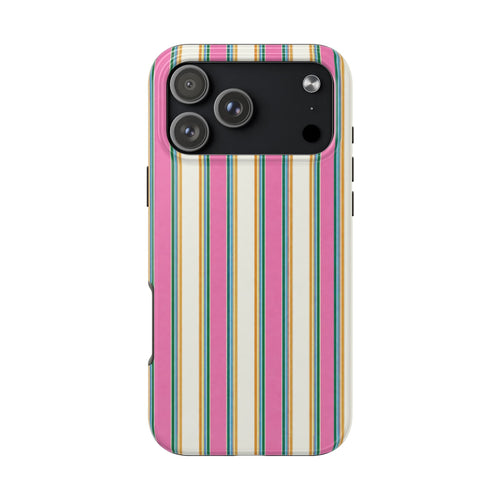 Watermelon sugar striped phone case with vertical candy-colored stripes and camera cutout