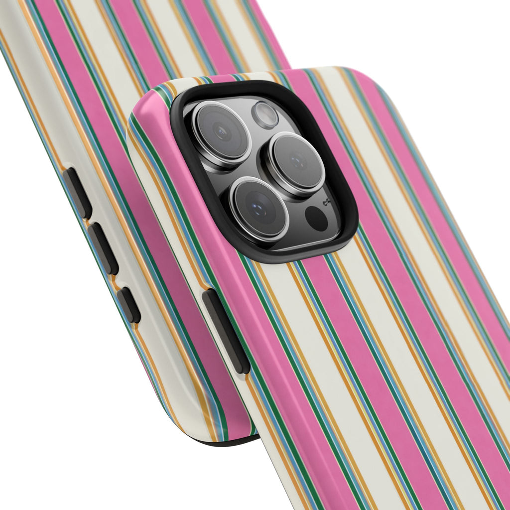 Watermelon sugar striped phone case angled view with raised camera frame and side buttons