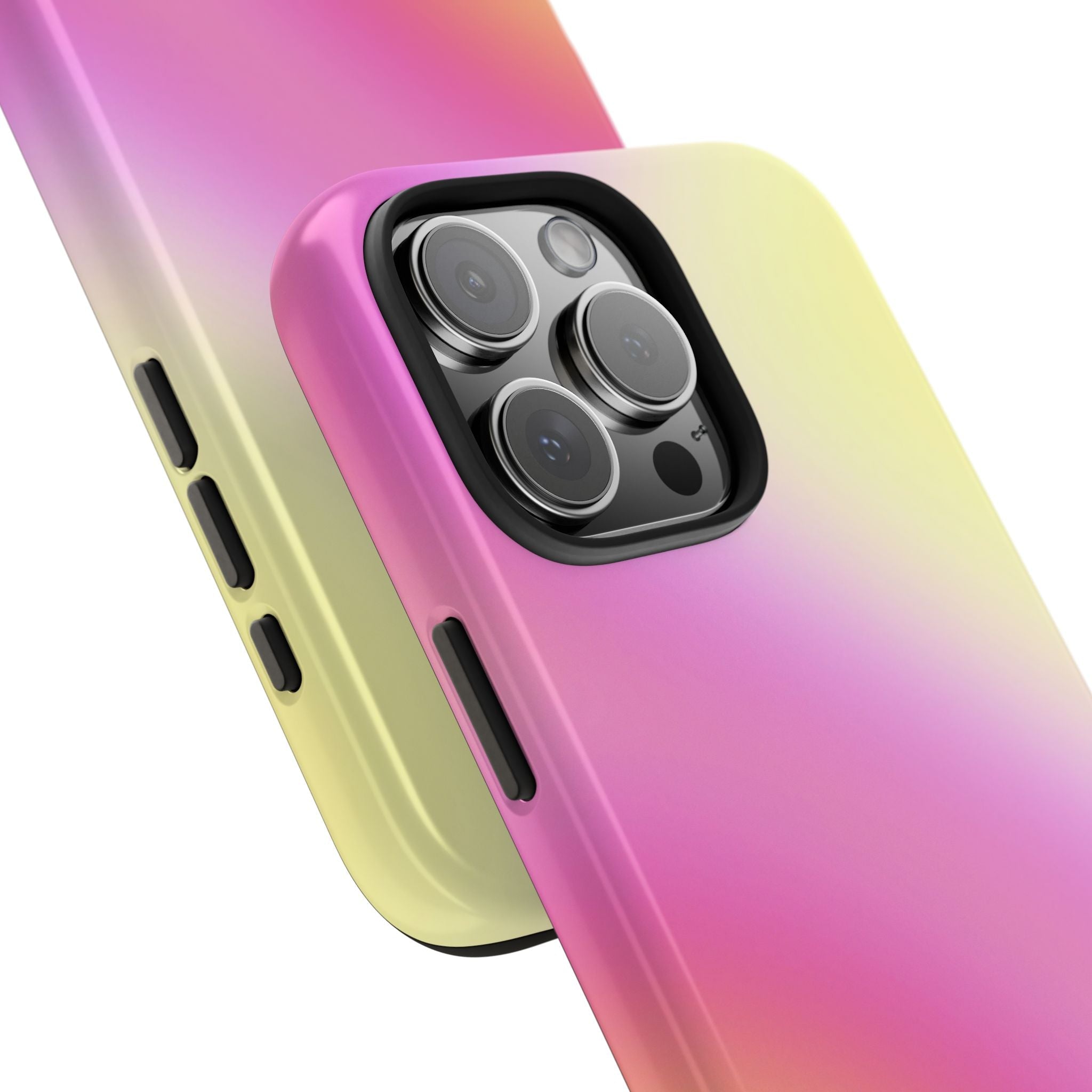 Close view of wavy aura phone case edges, side buttons, and triple-lens camera