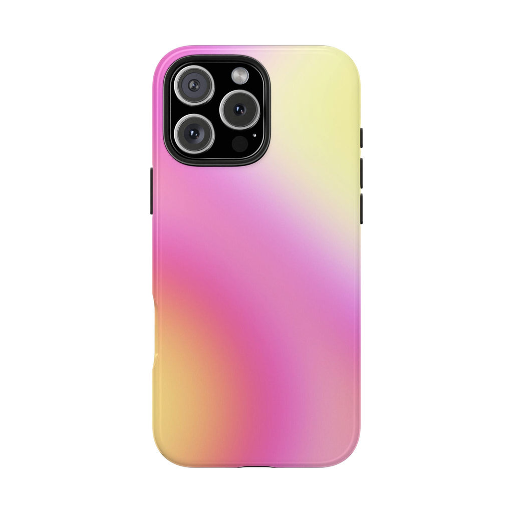 Wavy aura phone case in magenta and pale yellow with triple-lens camera cutout