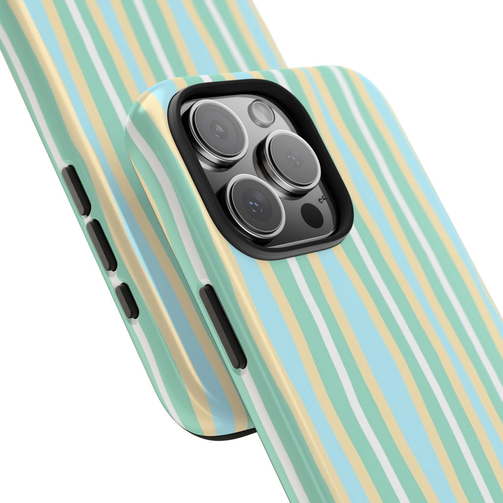 Side angle mint and cream wavy striped phone case, camera lenses visible