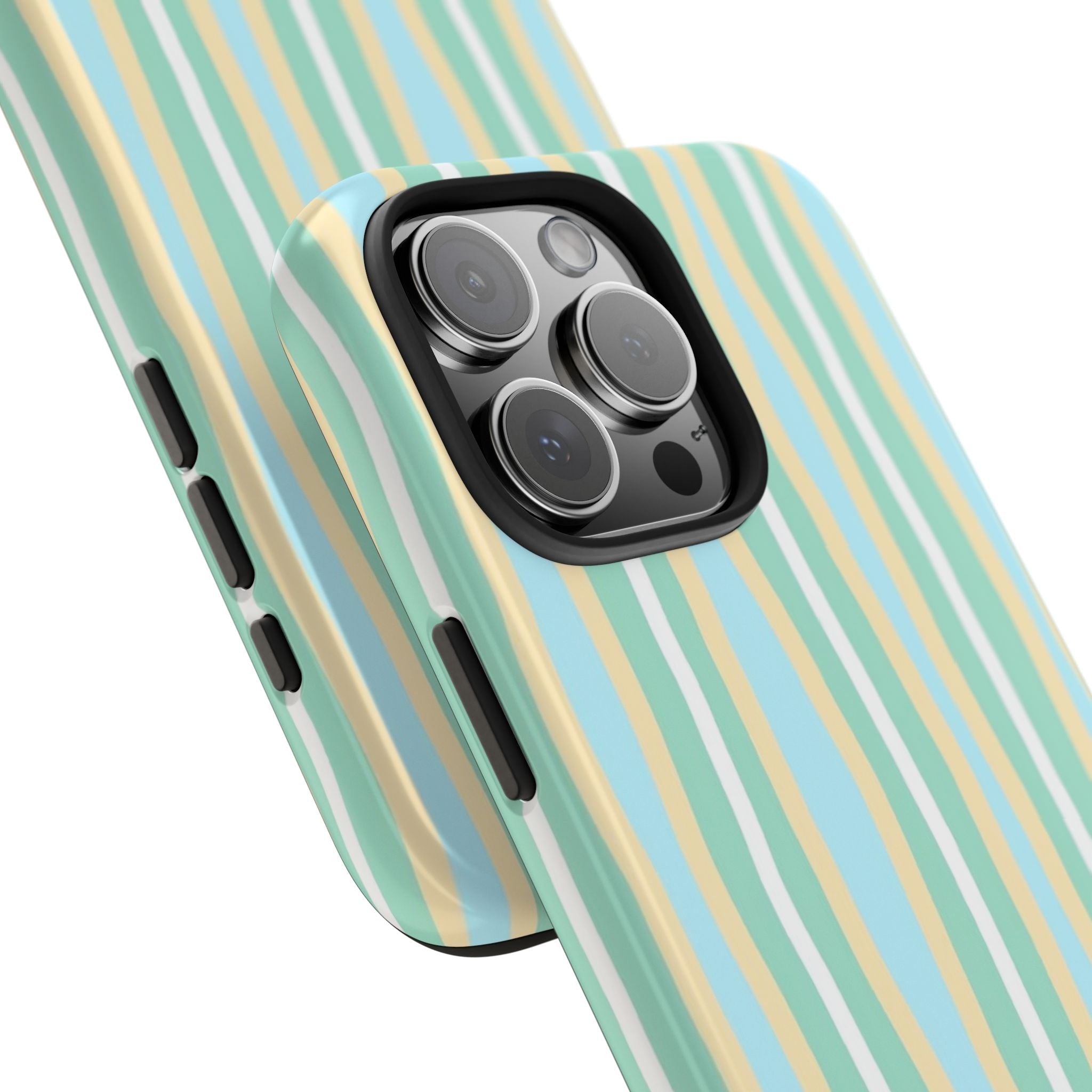 Side angle mint and cream wavy striped phone case, camera lenses visible