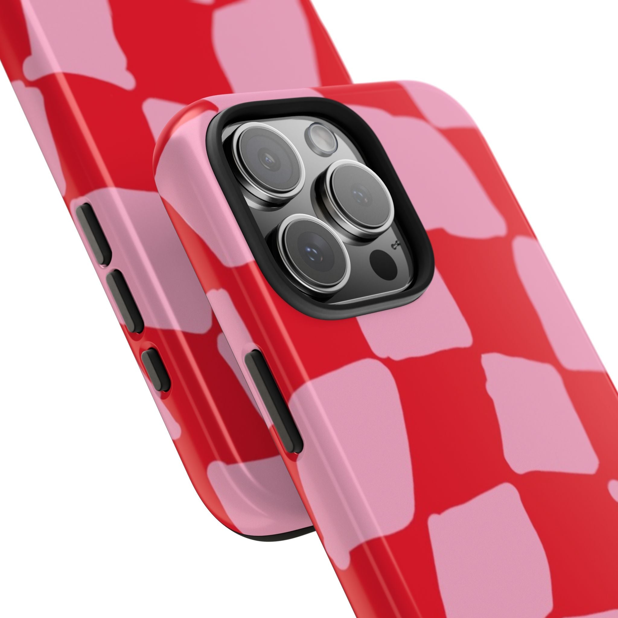 Angled pink/red square phone case with camera lens openings and side buttons
