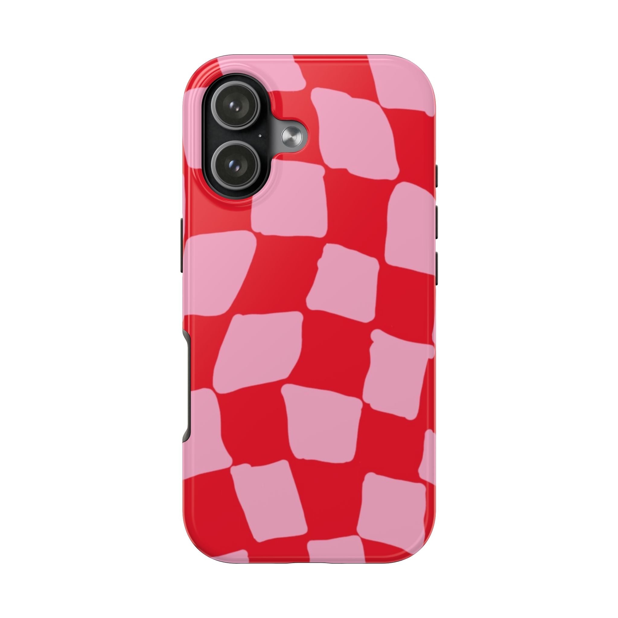 Pink and red square-block phone case with dual camera cutouts and side openings
