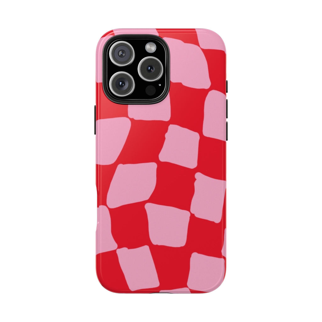 Pink and red patterned phone case back with protective edges around camera