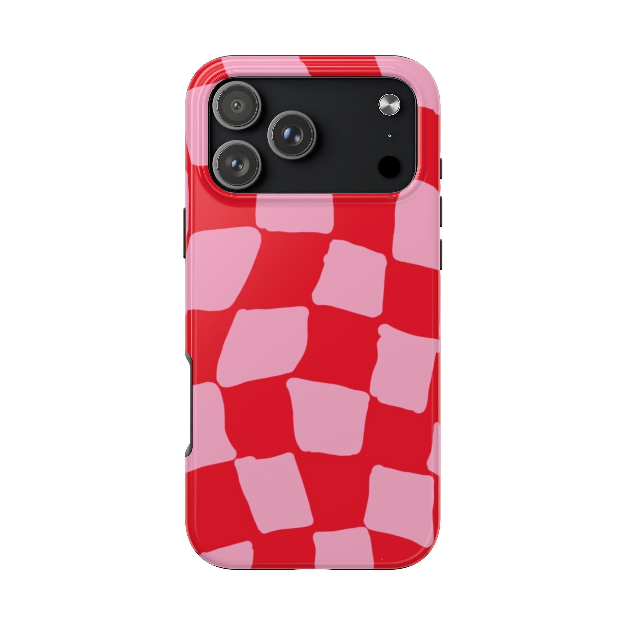 Pink and red square-block patterned phone case with camera cutout and flash