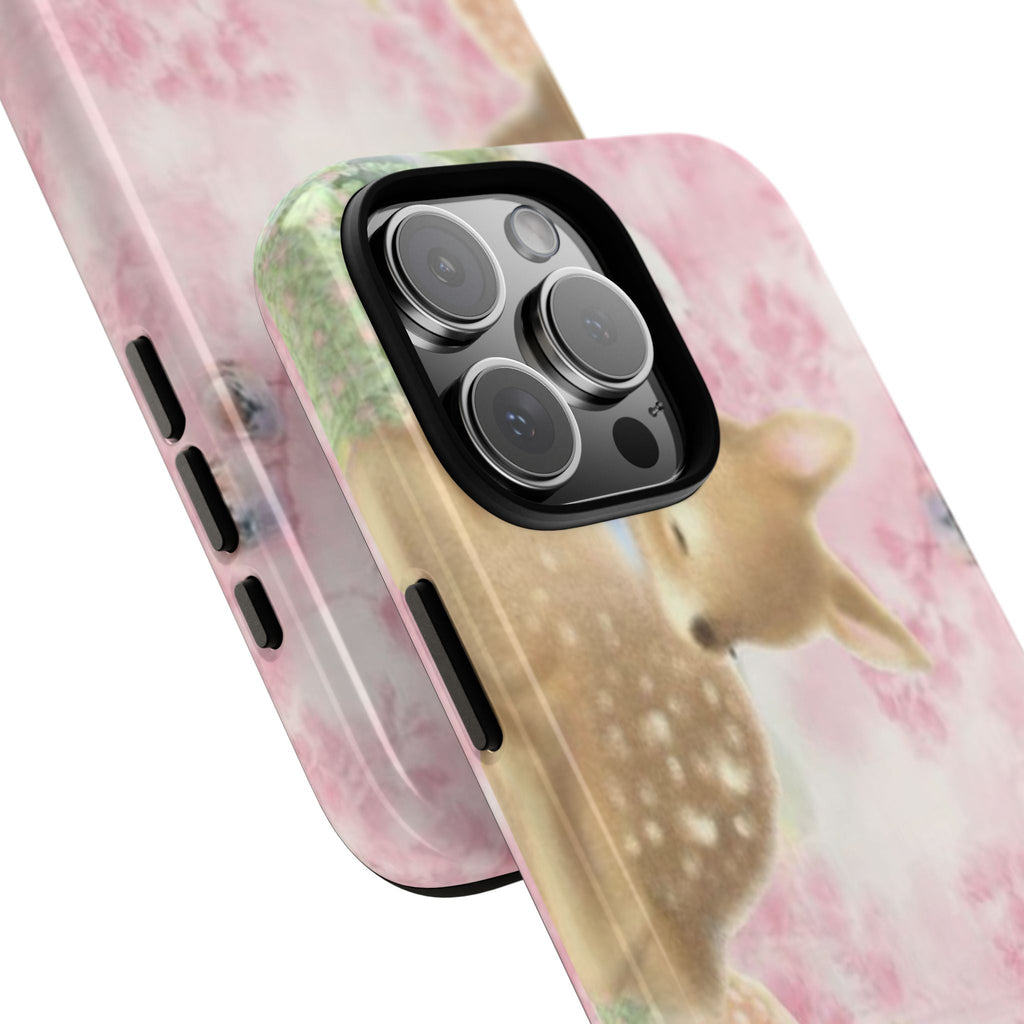 Whimsy Bambi phone case side view with pink watercolor deer design and raised camera cover