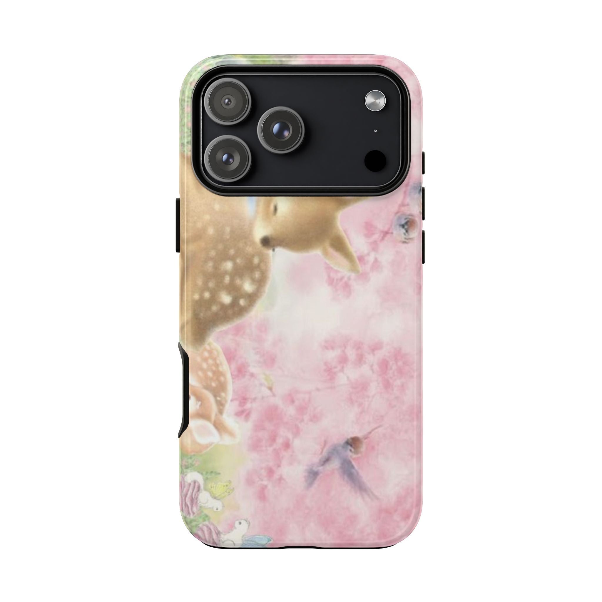 Whimsy Bambi phone case, pink watercolor background with deer and cute animal details