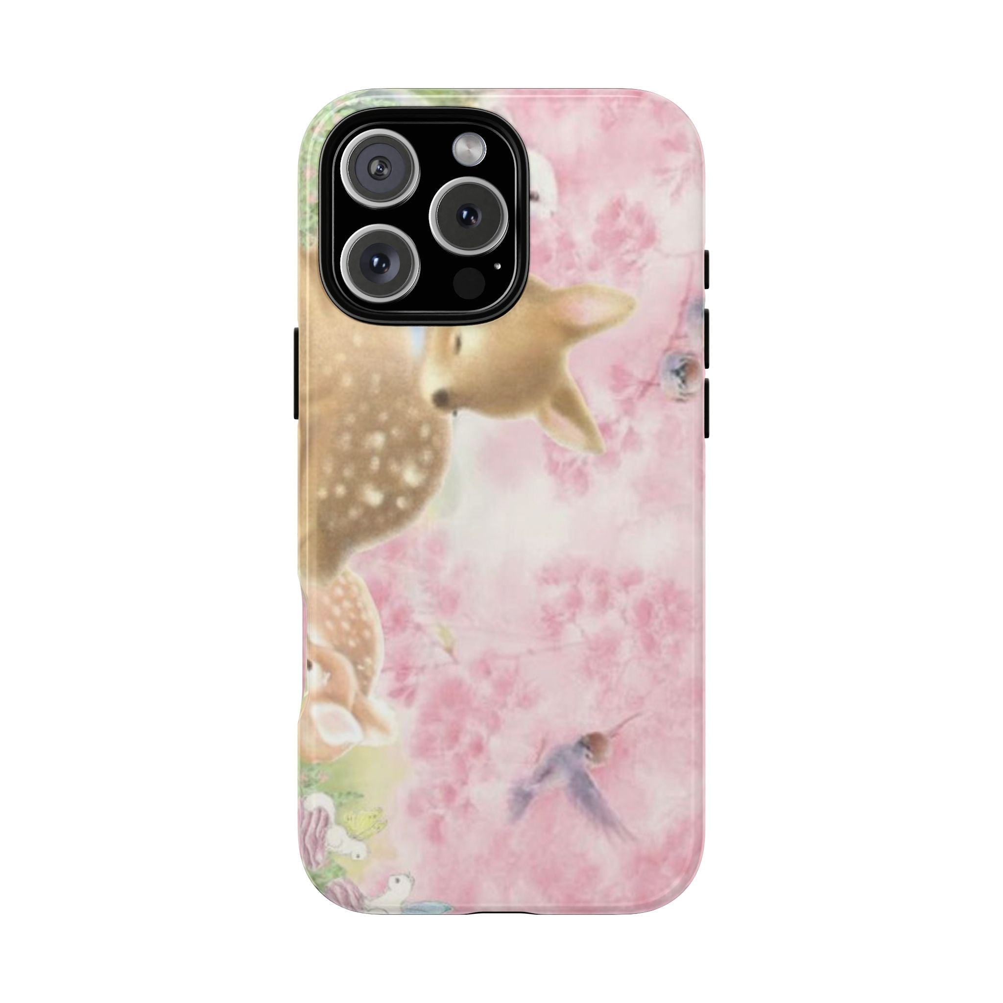 Whimsy Bambi phone case with pink watercolor deer illustration and side cutouts