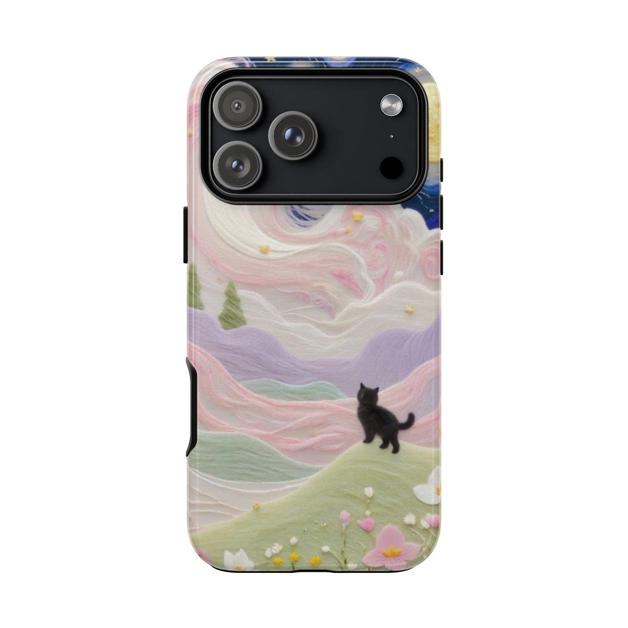 Pastel landscape phone case with black cat silhouette and camera lens cutouts