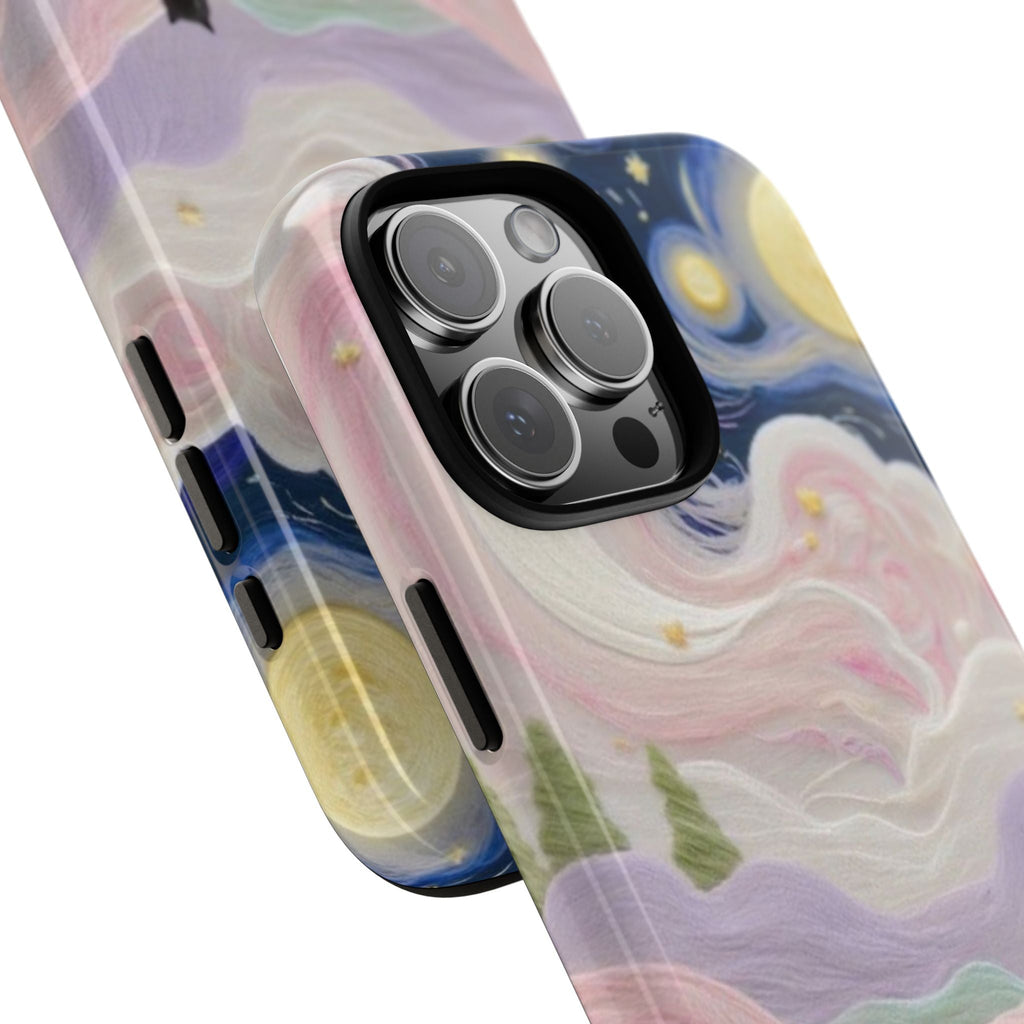 Pastel swirl black cat phone case with star details; raised camera protection