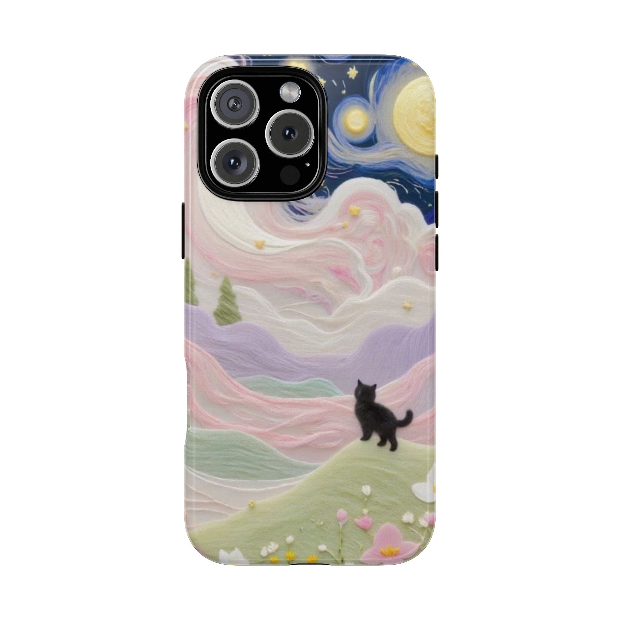 Whimsical black cat phone case with pastel sky, stars, and swirly clouds