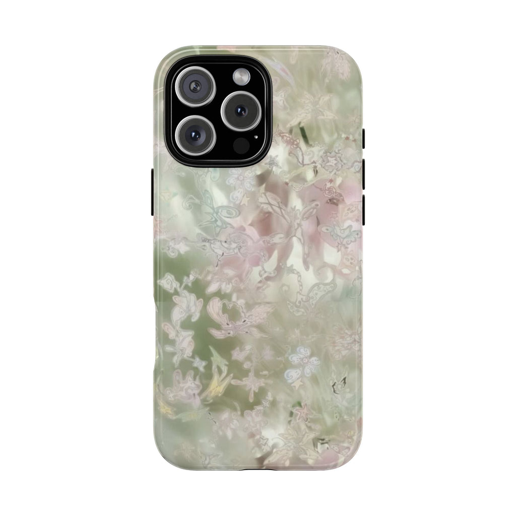 Green floral phone case with pastel butterflies and clear protective edges