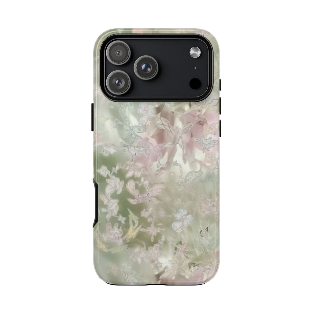 Green floral phone case with camera cutout and raised lens frame, pastel pattern