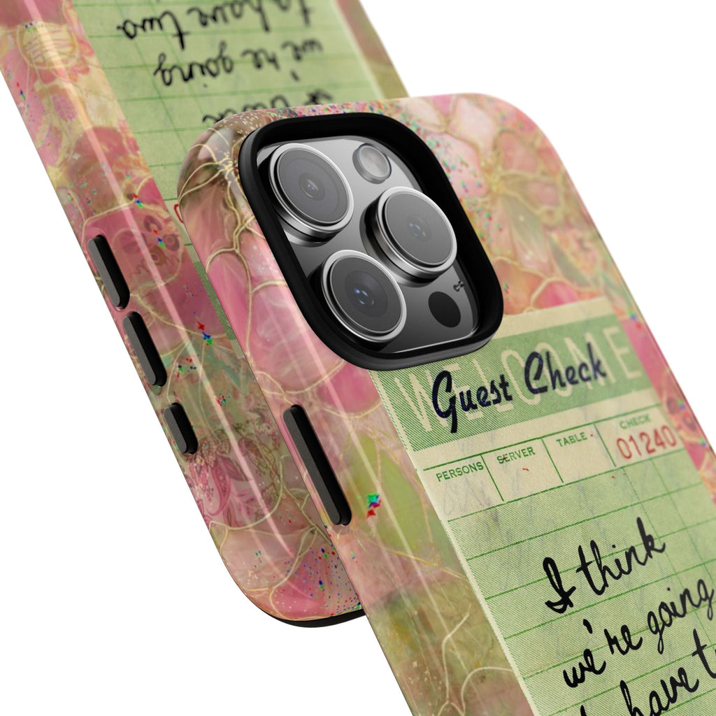 Angled Guest Check margarita phone case with pink floral design and side button openings