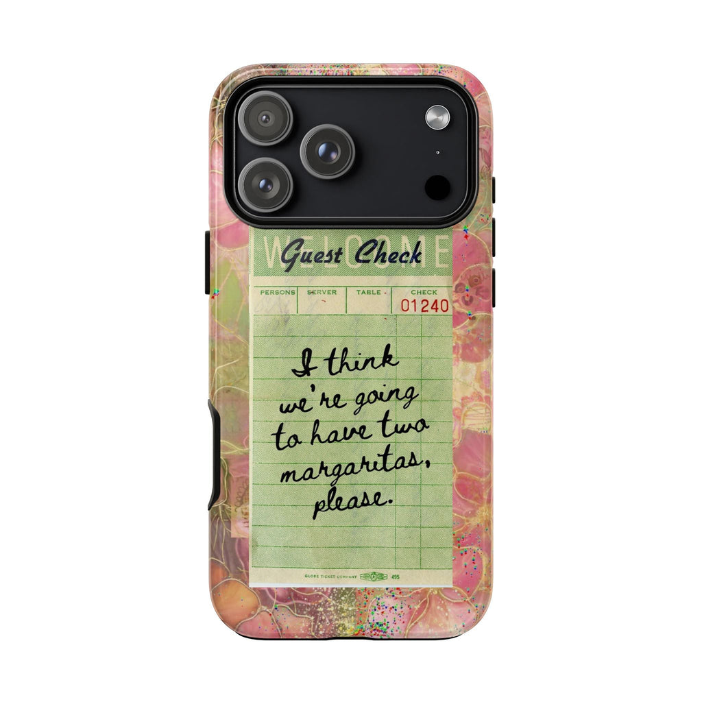 Guest Check margarita phone case, pink floral with green receipt panel for notes
